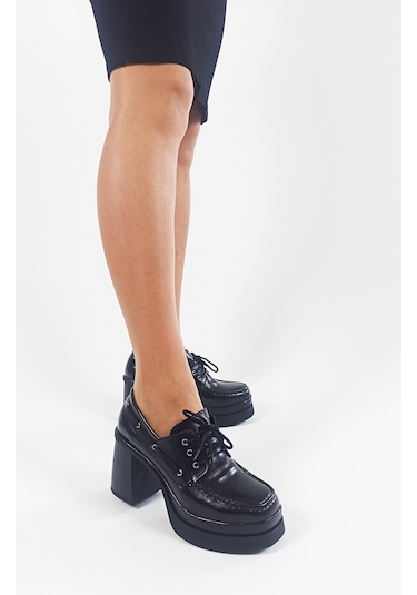 Siyah Cilt Bağcıklı Platform Topuklu Kadın Ayakkabı 001