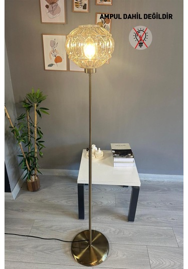 Şila Cam Bal Rengi Düz İnce Gövde Lambader Modern Oturma Odası Natural