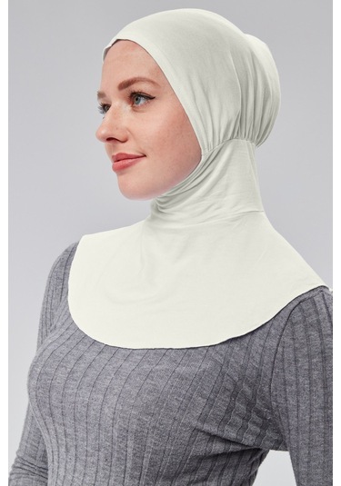 Kadın Pratik Tesettür Sporcu Boyunluklu Hijab Geçmeli Bone Penye Kumaş Ekru