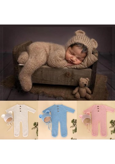 Born Fotoğraf Sahne Kıyafetleri Tiftik Ayı Şapka Romper Bodysuit Bebek Fotoğraf Çekimi Kıyafetler Bebekler İçin Destek Beyaz Beyaz