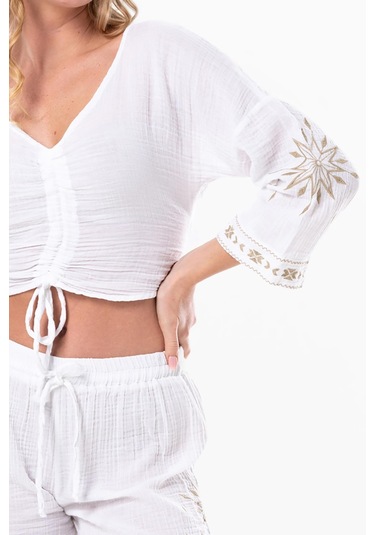 Uzun Kol Günışığı Büzgü Detaylı Yazlık Müslin Bluz Beyaz Byz-beyaz Beyaz