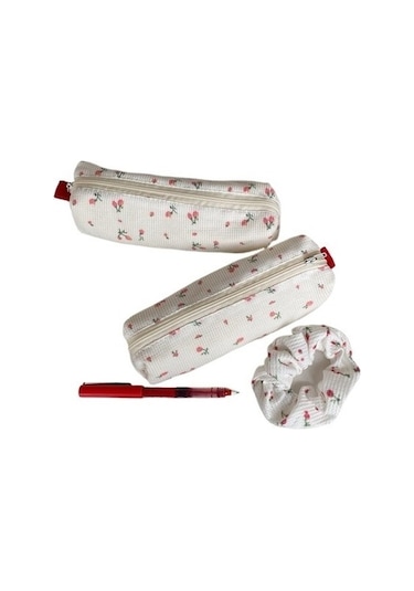 Şık Çiçek Desenli Kalem Kutusu, Kızlar İçin Kalp Motifli Okul Kırtasiye Organizer Çantası Beyaz