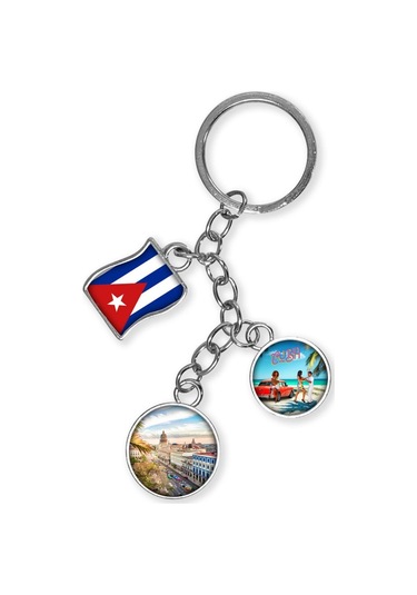 Küba Üçlü Epoksi Metal Çift Taraflı Damla Anahtarlık Cuba Gümüş