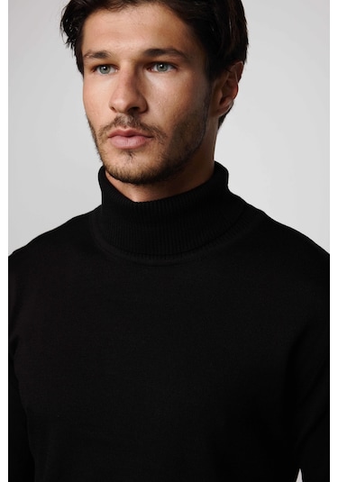 Tudors Slim Fit Dar Kesim Tam Balikcı Yaka Tüylenmeyen Yumuşak Dokulu Siyah Erkek Kazak-29109-siyah Siyah