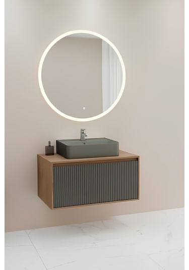 Osloorz 90 Cm Antrasit Lavabolu Banyo Dolabı Orz Aynalı - Kaman Ceviz / Antrasit Kaman Ceviz