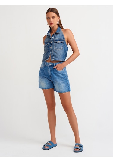 Dilvin Arkası Açık Yakalı Denim Yelek-mavi Mavi