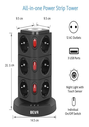 Kule Tipi 3xusb, 12'li Akım Korumalı Priz, Soket 10watt Wireless
