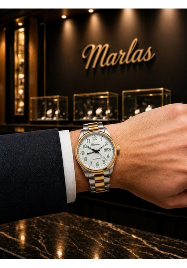Marlas Çelik Kordon, Su Geçirmez Sarı Beyaz Erkek Kol Saati Altın