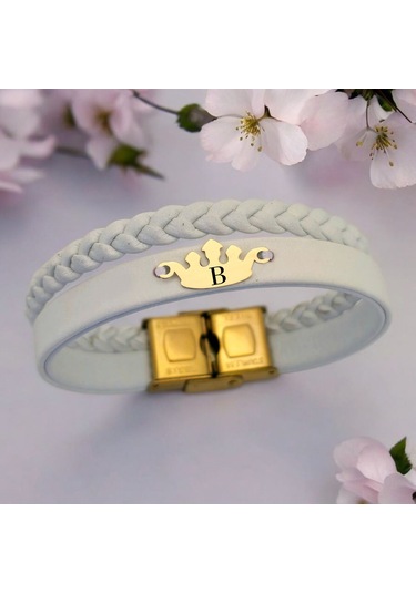 Archin B Harfine Özel Taç Motifli 14 Ayar Altın Plakalı Hakiki Beyaz Derili Hediye Bileklik-645harf B