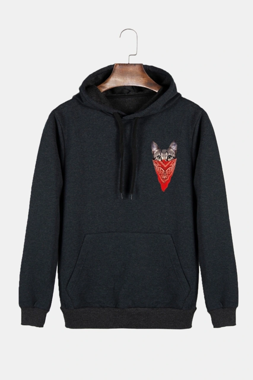 Veaven Unisex Antrasit Önü Kedi Baskılı Kapüşonlu Sweatshirt Antrasit
