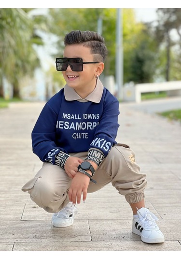 Modavals Gömlek Yaka Sweatshırt Ve Gabardin Kargo Pantolon Erkek Çocuk Kombin Lacivert