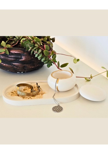 Tealight Mumluk & Tepsi Seti Özel Tasarım Kabartmalı Desen 3 Parça Gold Boyama Kırık Beyaz