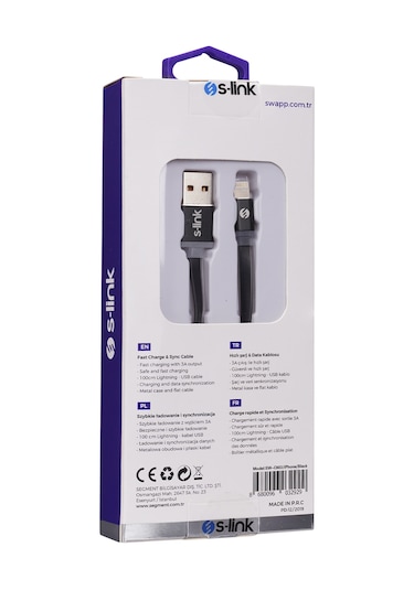 S-Link Swapp SW-C603 1m 2A Apple iPhone Uyumlu Lightning Siyah Şarj Kablosu