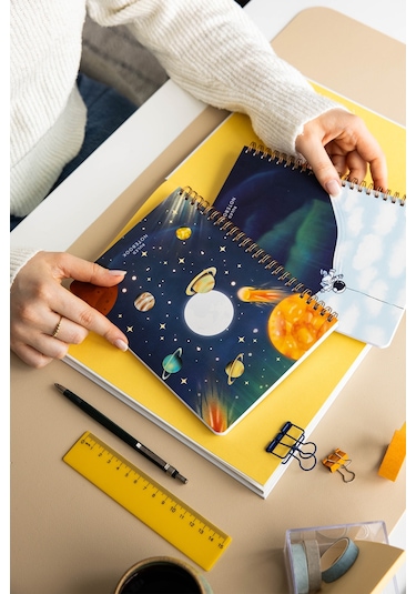 A5 Spiralli Karton Kapak 2 Li Set Çizgili Okul Defteri 80 Yaprak, Ders Programlı Galaksi