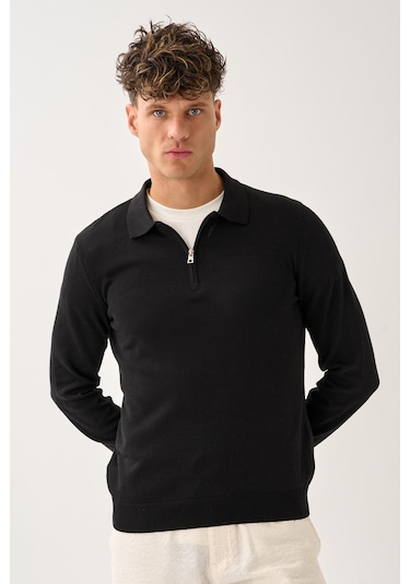 Fermuarlı Polo Yaka Kazak Siyah