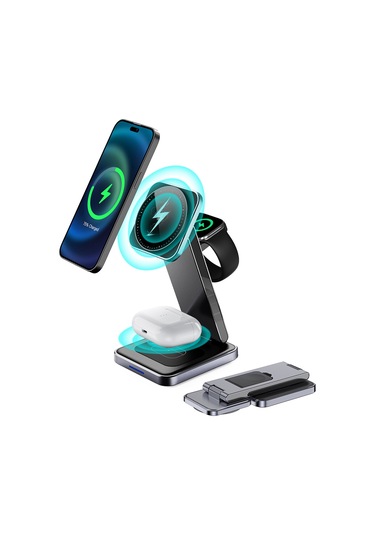 Dh11 3'ü 1 Arada Katlanabilir Şarj Standı Telefon İzle Kulaklık Çinko Alaşım Manyetik Kablosuz Şarj Cihazı Siyah