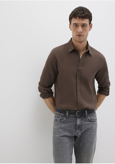 Mavi - Kahverengi Keten Gömlek 0211466-87537 Kahverengi