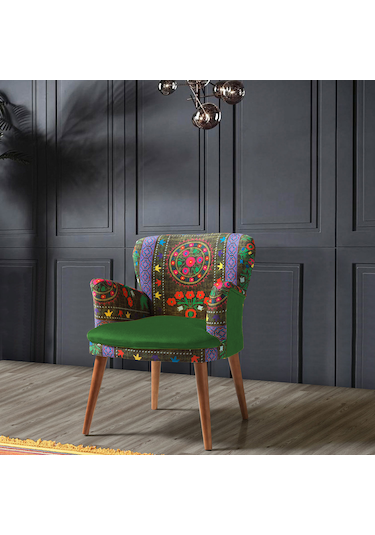Azra Mobilya - Roma Çay Seti Koltuk Takımı - Etnik Desen Kumaş - Ahşap Demonte Ayak Etnik Desen - Yeşil