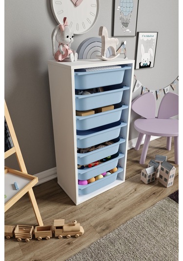 %100 Mdf - Medium Mono 7 Sepetli Oyuncak Dolabı Mavi