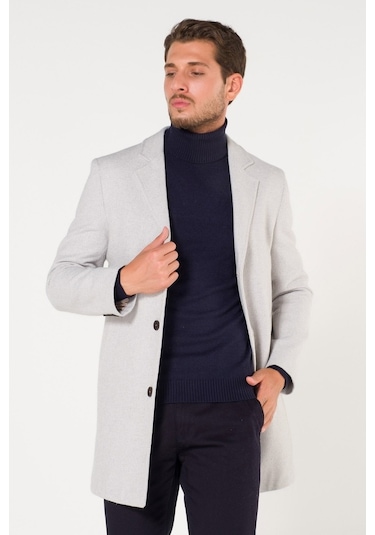 Slim Fit V Yaka Kışlık Kırçıllı Beyaz Kaşe Kaban-Beyaz