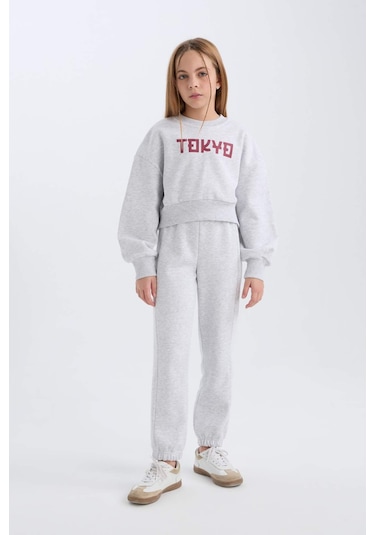 DeFacto Kız Çocuk 2'li Takım Baskılı Sweatshirt Üst Beli Lastikli Jogger Eşofman Altı D4867A824WNGR421 Gri