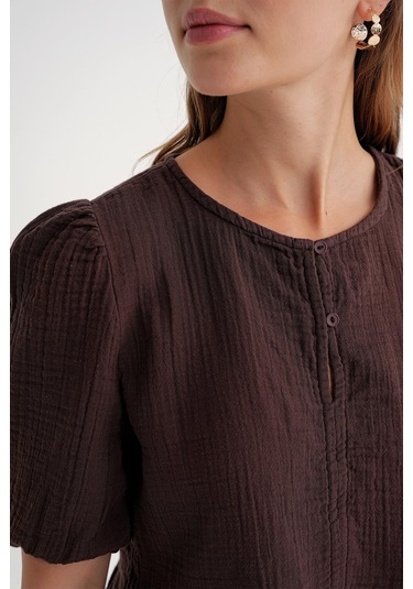 4713 Kadın Beli Büzgülü Kolu Lastikli Bol Müslin Bluz Kahve Kahve