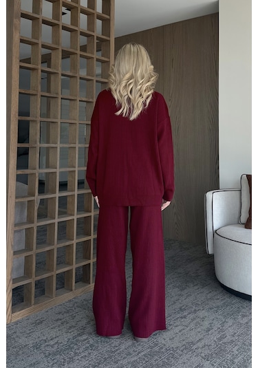 Laluvia Bordo Boğazlı Fitilli Triko Takım - 4671 Bordo