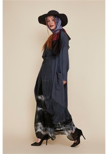 Italyan Ipek Detaylı Oversize Kaftan & Bluz-8711 Antrasit
