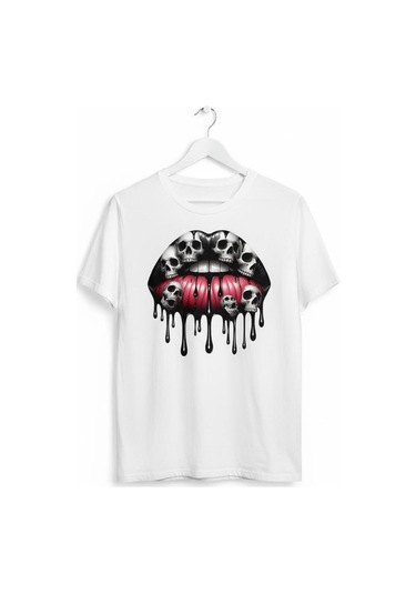 Kadın Kuru Kafa Dudak Baskılı Pamuklu T-shirt Beyaz