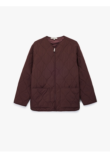 Koton Uzun Kollu Cepli Bisiklet Yaka Fermuarlı Oversize Kapitone Ceket Bordo 6wak20288ew Bordo