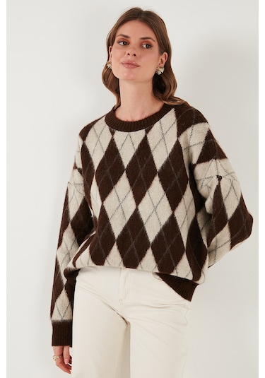 Lela Oversize Fit Bisiklet Yaka Baklava Desenli Yumuşak Dokulu Bayan Kazak 4616223 Kahve