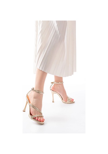 Gold Taşlı Vivet Platformlu Topuklu Kadın Ayakkabı Gold Altın
