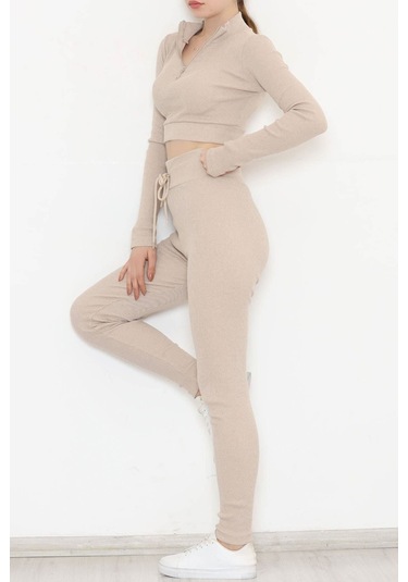 Mokashopin - Fermuarlı Crop Takım Bej - 12130.1748. 001