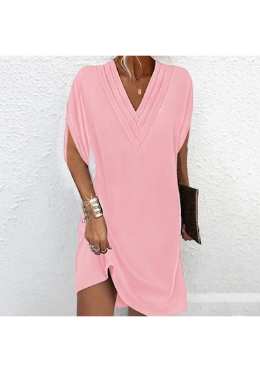 Kadın Elbise V Yaka Pilili Yarım Yarasa Kollu Düz Renk Gevşek Yumuşak Nefes İşe Gidip Diz Üstü Mini Elbise Siyah