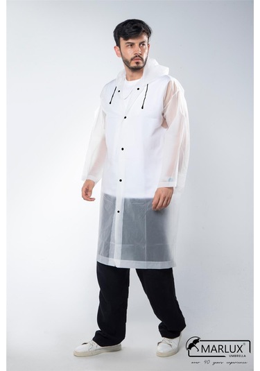 Marlux Unisex Su Rüzgar Geçirmez Kapüşonlu Çıtçıt Düğme Eva Yağmurluk - Beyaz - Siyah