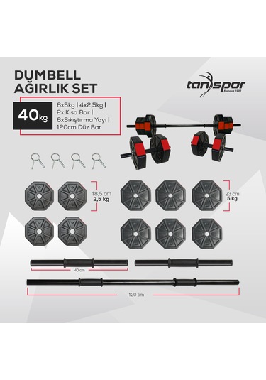 Tan Spor 40KG Dambıl Ağırlık Halter Ağırlık Kısa Bar ve 150 cm Düz Bar Seti
