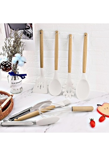 Novahub Beyaz Silikon Yapışmaz Mutfak Aletleri Seti, Tencere Spatula Kürek Yumurta Çırpıcı Ahşap Saplı Gıda Sınıfı Set Beyaz