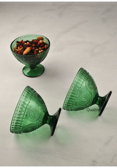 3 Adet Yeşil Cam Çerezlik Dondurma Tabağı Sunum Magnolia Kasesi