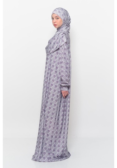 Pratik Tek Parça Güneş Desenli Kollu Tak Çıkar Başörtülü Likralı Tesettür Namaz Elbisesi 990-0302 Açık Mor Antrasit