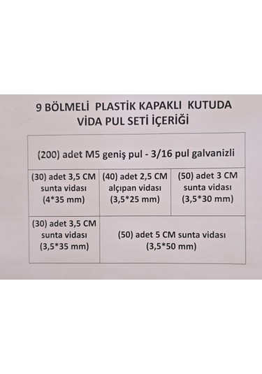 Vida Pul Seti Vidalar 5 Cm, 3,5 Cm, 3 Cm, 2,5 Cm Pul İç Çap 5 Mm