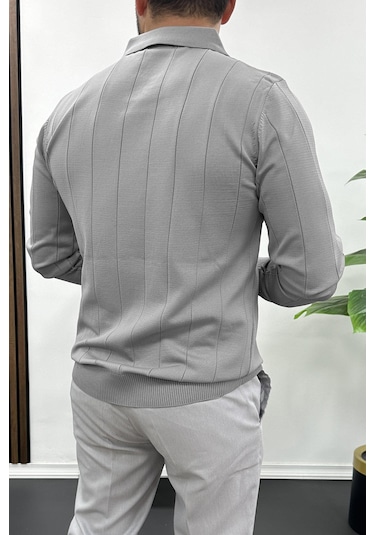 Erkek Yarım Fermuarlı Polo Yaka Mevsimlik Kazak Gri Edw195 Gri