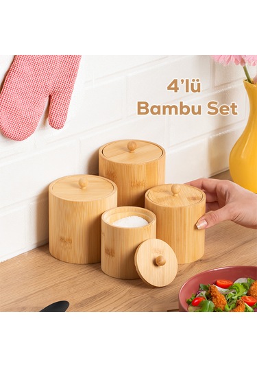 Porsima 4361 Bambu Çok Amaçlı Saklama Kabı Organizer 4lü Baharat Seti Bambu