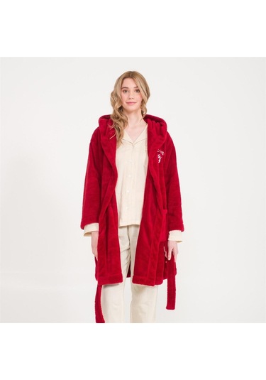 Welsoft Kapüşonlu Peluş Kadın Sabahlık Bordo