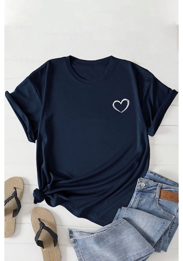 Unisex Hearts Baskılı Tasarım Tshirt Lacivert