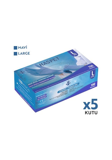 Haspet Nitril Muayene Eldiveni 100'lü L Büyük Boy Mavi 5 Kutu