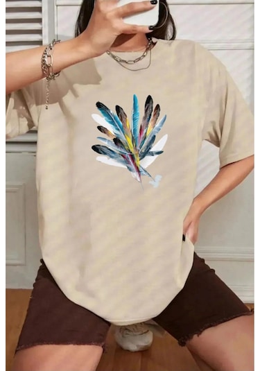 Hırsch Bej Kadın Oversize Tüy Baskılı T-shirt Bej
