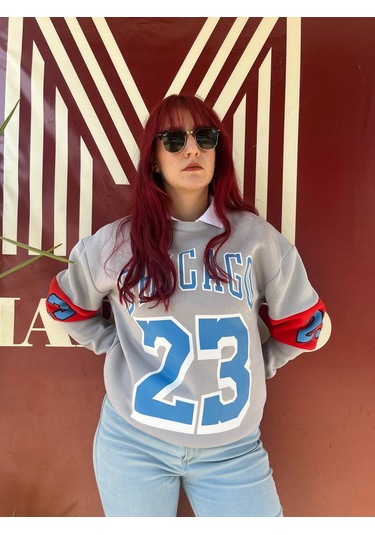 Erkek Gri Unısex Oversize Chicago 23 Baskılı Polarlı Sweat Gri