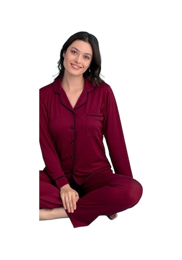 Berna Collection Kadın Pijama Takımı Düğmeli Yumuşak Dokulu Esnek Bordo