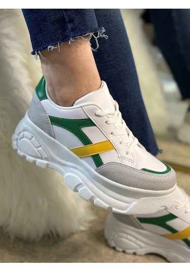 Günlük Kadın Sneaker Kalın Yüksek Taban Bağcıklı Rahat Tiger Şeritli Spor Ayakkabı 032 09-taş Yeşil Sarı