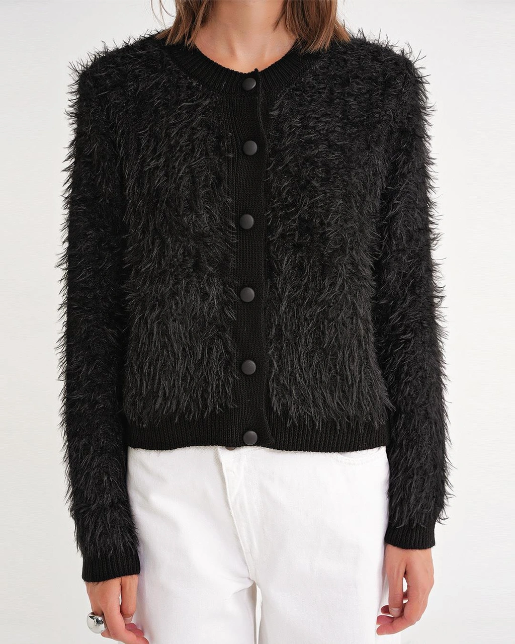 6897 Kadın Uzun Sakallı Bant Detaylı Triko Hırka Siyah Siyah